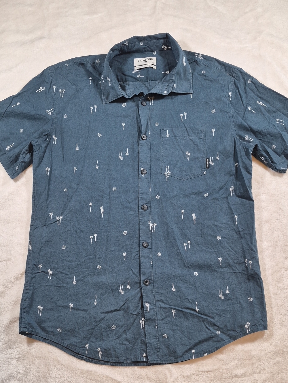 Billabong Men's Short-Sleeve Button-Down in Teal Blue with White Palm Print